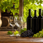 Garrafas de vinho sem rótulos ao lado de taças e cachos de uva em uma adega