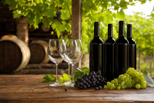 Garrafas de vinho sem rótulos ao lado de taças e cachos de uva em uma adega