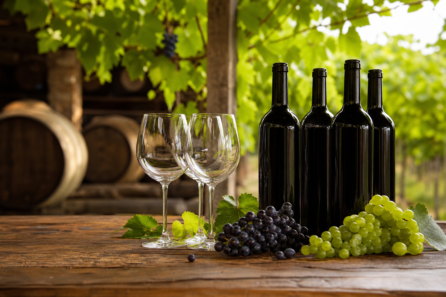 Garrafas de vinho sem rótulos ao lado de taças e cachos de uva em uma adega