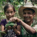Pai e filha colhem hortaliças em uma área rural com vegetação abundante.
